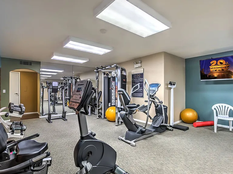 Resident fitness center with free weights, cardio machines, and weight machines.