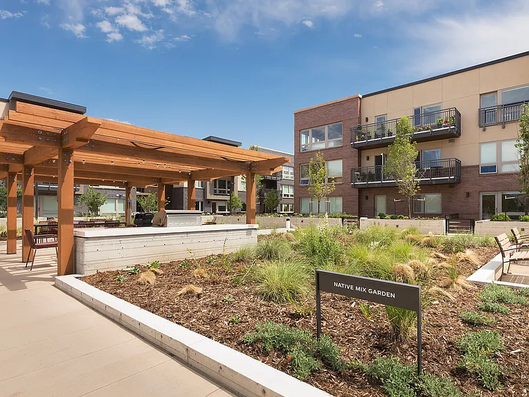 Native mix garden and patio offers a verdant place to relax with family, friends, and neighbors