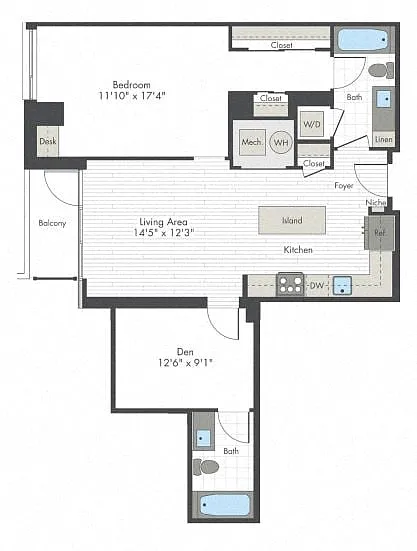 Floor plan 1 Bed/1 Bath Den-I1