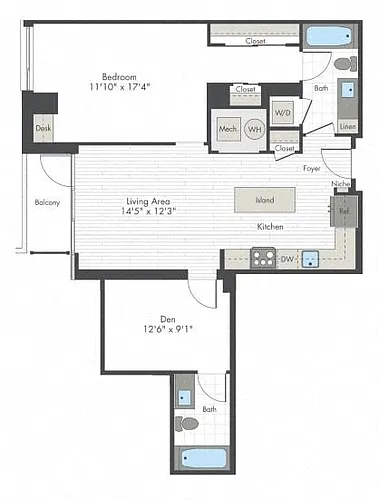 Floor plan 1 Bed/1 Bath Den-I1