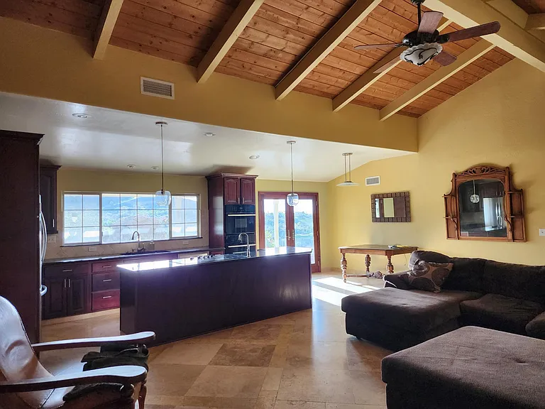 Kitchen, living room and dining room