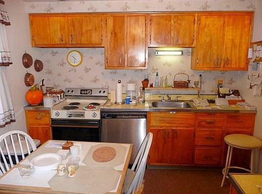 Eat-in kitchen with dishwasher, electric stove, and fridge.