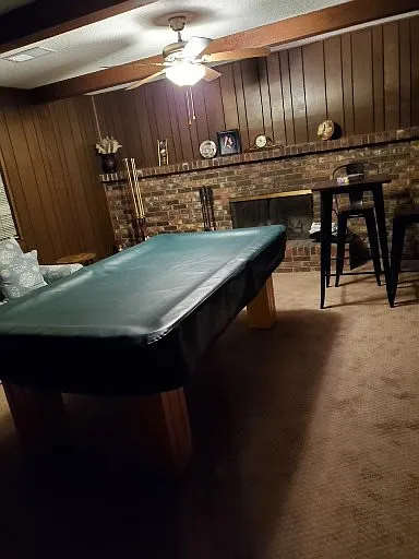 Olhausen pool table - quality, slate, unused, hi-table and two chairs, cue sticks, newer, quality carpeting