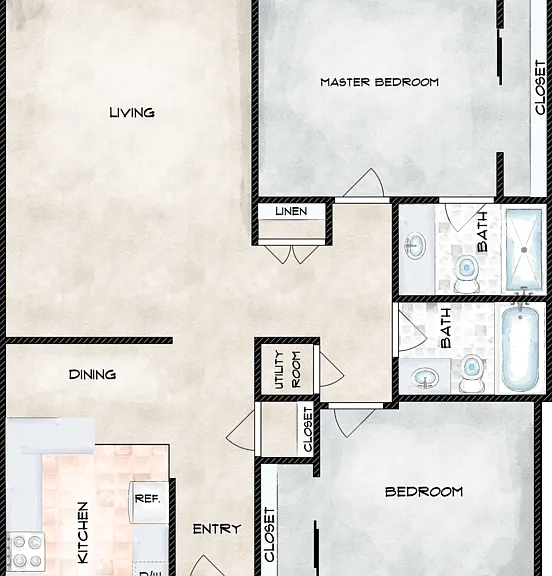 2 Bed 2 Bath A Floorplan Diagram