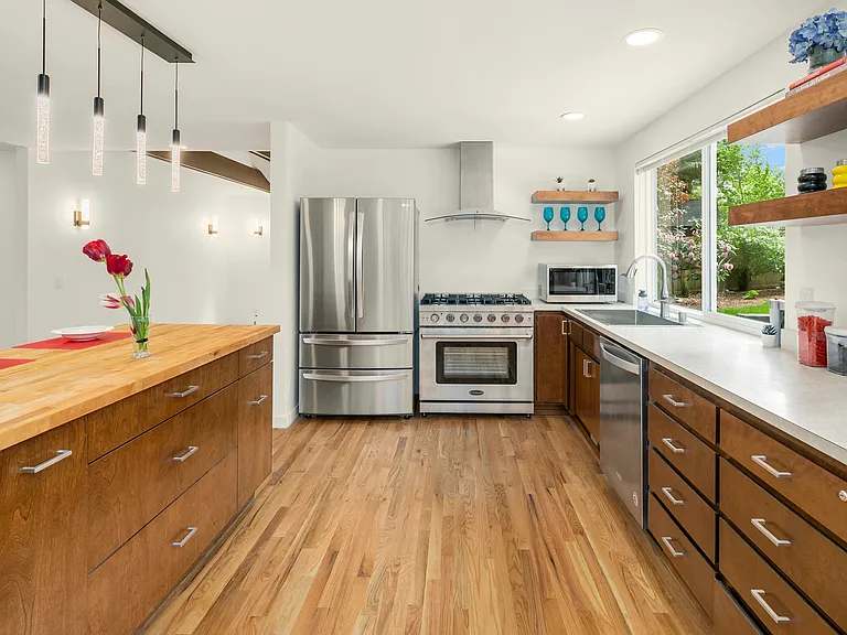 Kitchen with stainless steel appliances.