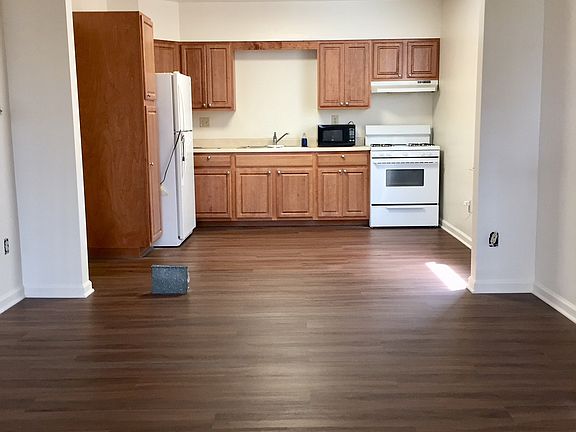 Open Floor Plan with kitchen and living room. There is a new refrigerator not pictured in this photo. Plank easy to clean flooring