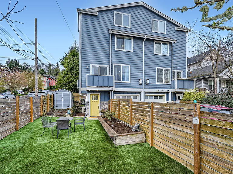 Low maintenance yard with artificial turf and shed