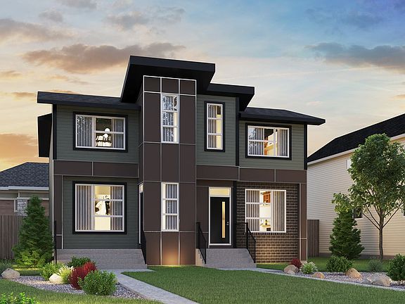 Exterior front view of a Contemporary Semi D model in Seton by Brookfield Residential in Calgary.