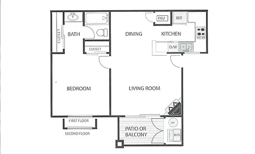 Floor plan 1 Bedroom, 1 Bath-Upstairs w/Balcony (A)