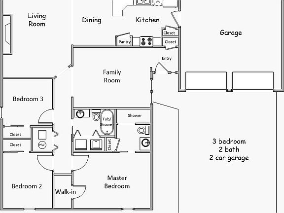 Floor plan reflects layout of the house. Entry is tile; kitchen and dining area are linoleum, bathrooms are linoleoum, and the rest is carpet.