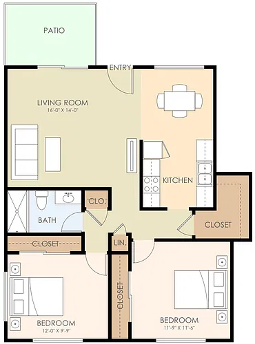Floor plan 2x1 with in-unit laundry