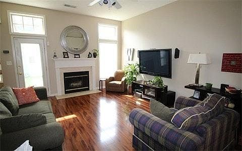 Living room and kitchen have wood laminate flooring