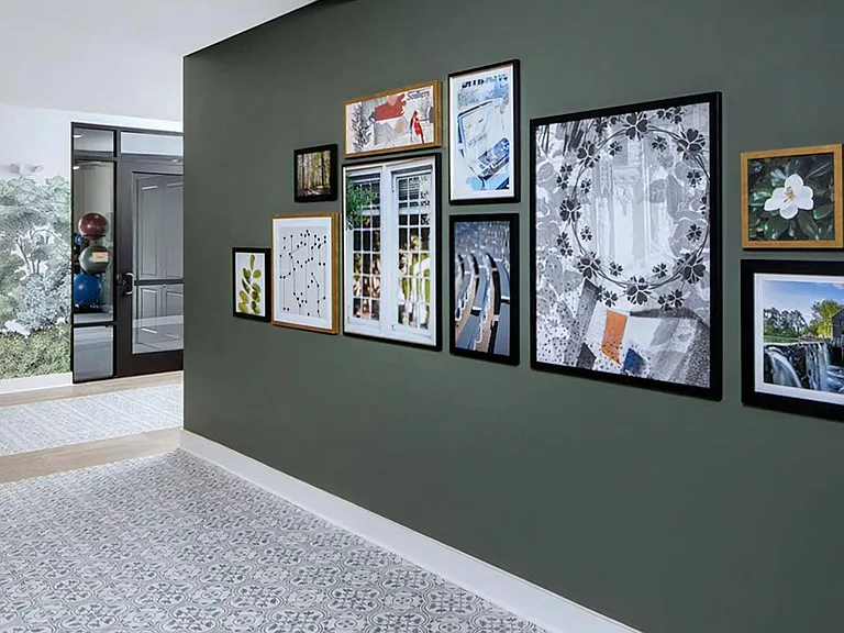 Gallery-Style Hallway in Clubhouse with Artistic Wall Display and Fitness Room Access