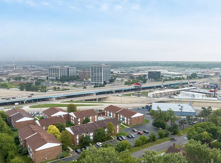 Aerial View of Towne Square, capturing our proximity to local expressways and M-102! (8 mile)