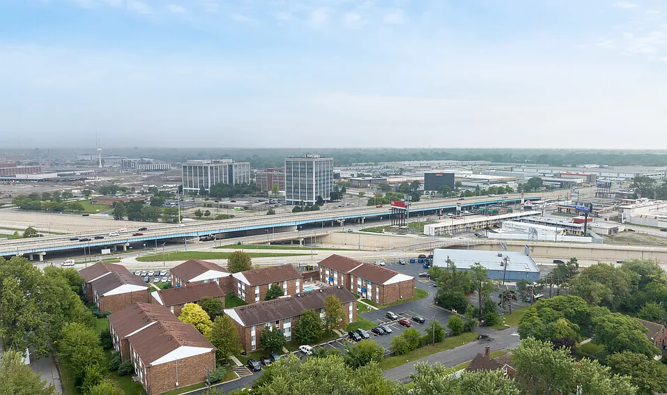 Aerial View of Towne Square, capturing our proximity to local expressways and M-102! (8 mile)