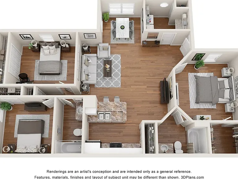 A 3D floor plan rendering of the 3 bedroom, 2 bathroom floor plan