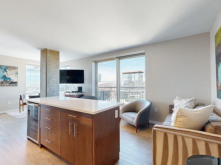 Apartment living room with wood-style flooring.
