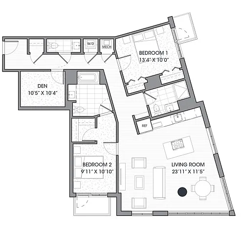 Floor plan Two Bedroom Two and Half Bath Den (1357 SF)