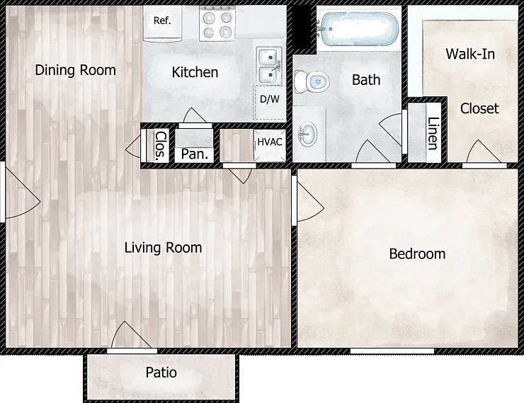 1 Bed 1 Bath Floorplan Diagram