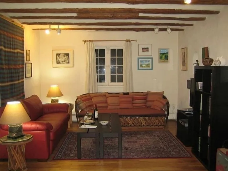 Spacious, comfy living room. Red leather sofa is a queen bed; other sofa is a single bed.