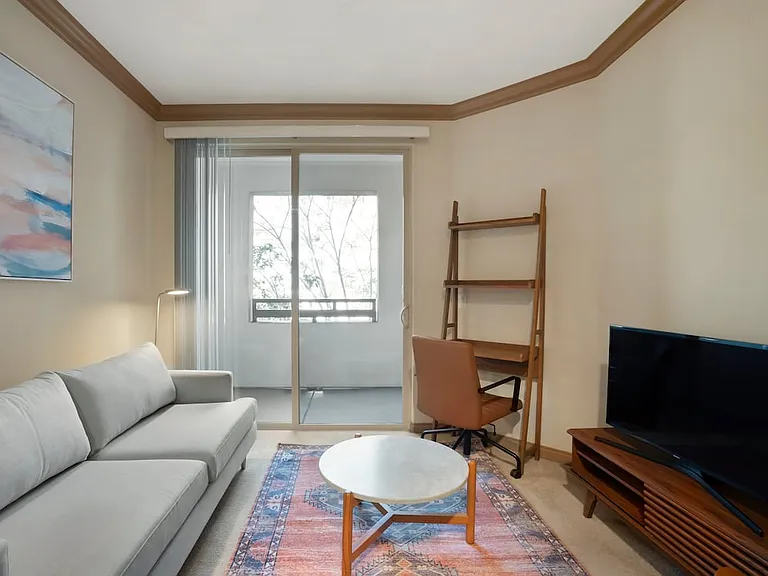 Furnished+ apartment homes come outfitted with a sofa, side chair, side table, coffee table, TV stand and 50" Television (Representative Image exact items and style of furnishings may vary)