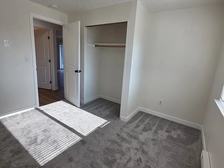 Another view of the middle bedroom with nee carpet and light fixture