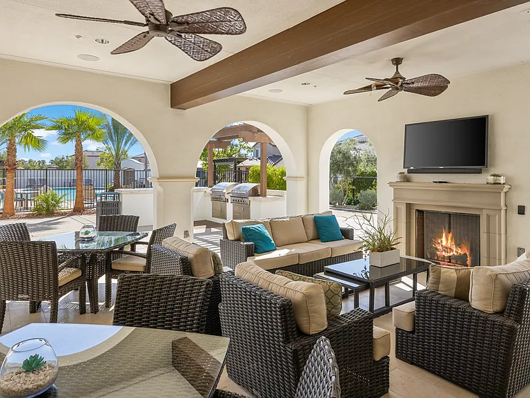 The communal covered patio has many ceiling fans sure to keep you cool during hot sunny days.
