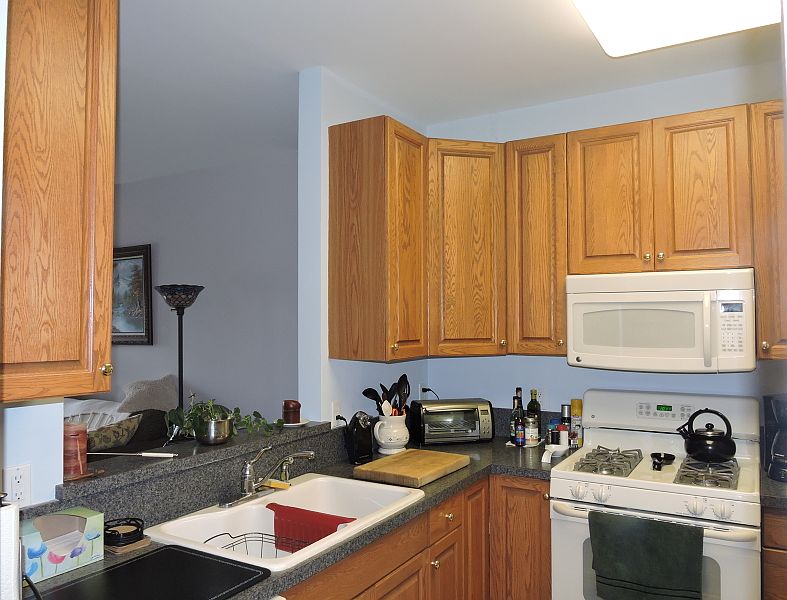 Kitchen with pass through for open floor plan.