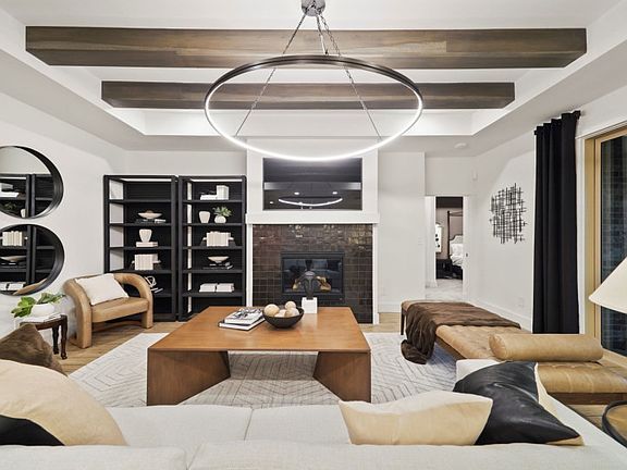 Gathering Room with Tray Ceiling and Transitional Fireplace