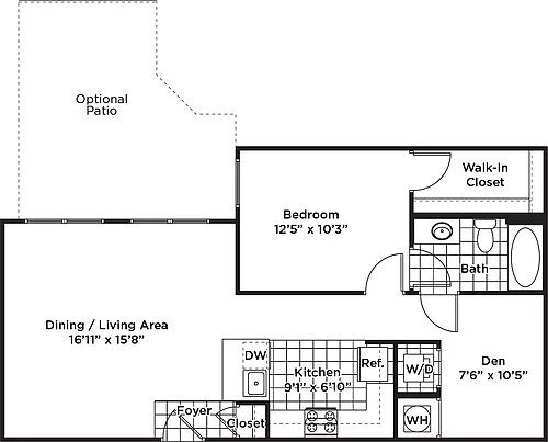 Floor plan 1 Bedroom 1 Bath + Den - AD5 Affordable 80%