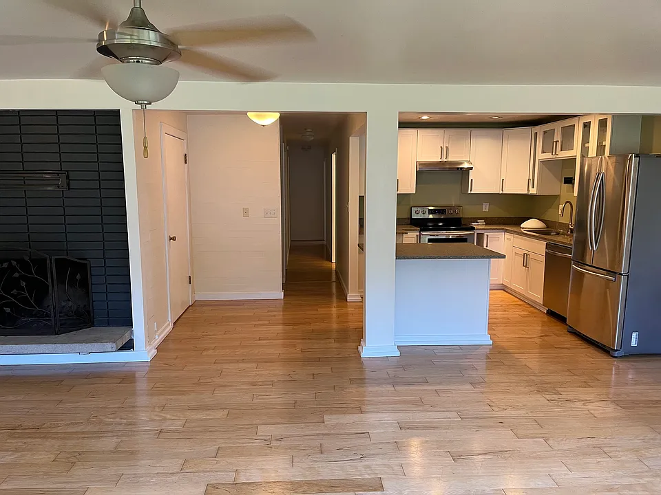 view from living room into kitchen