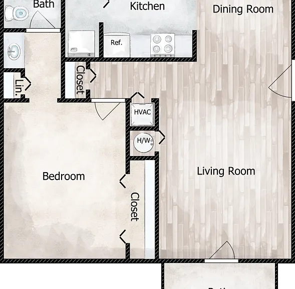 1 Bed 1 Bath Floorplan Diagram