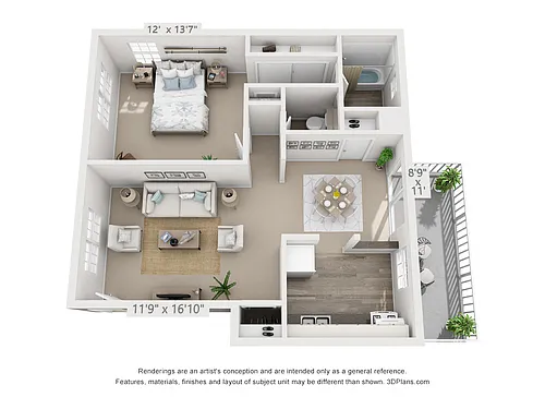 Floor plan 1 Bedroom, 1 1/2 Bath (Balcony)