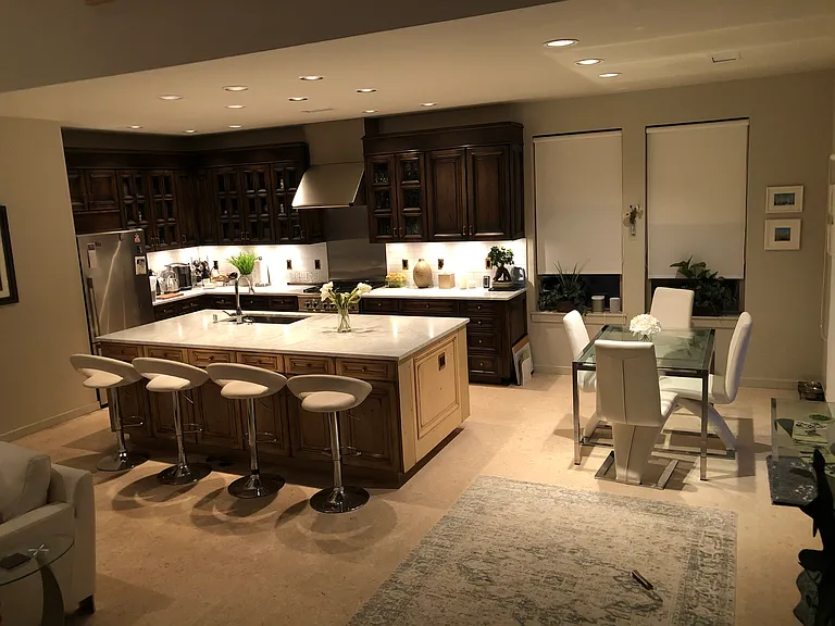 The kitchen and dining areas
