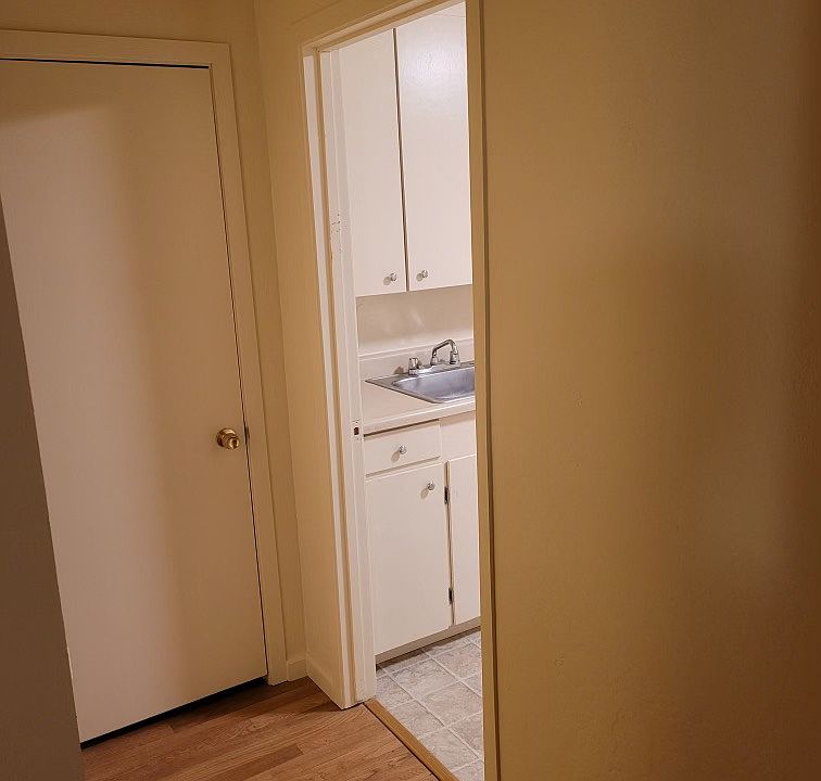 A hallway off the living room leads to a pantry closet and kitchen.