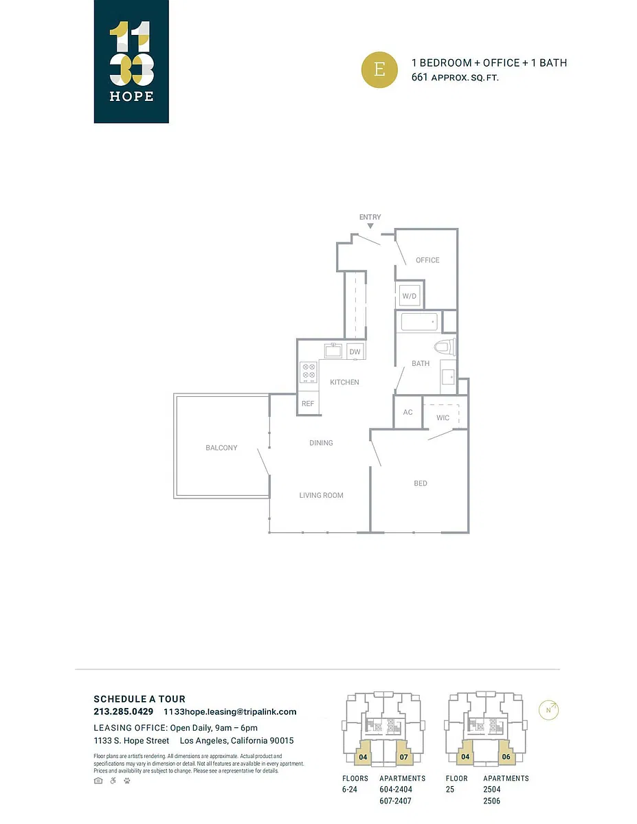Floor plan 1 Bed 1 Bath - 661 sqft