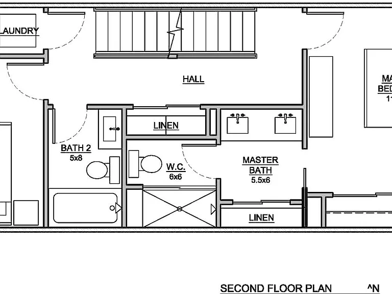 second floor plan w/ master suite, 2nd bedroom and 2nd bath, in-unit laundry, and linen closets