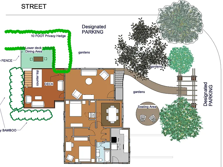 Photos tell part of the story this site plan shows how the home, gardens, deck, parking, and outdoor spaces all come together. We lovingly care for the gardens year-round, so all you have to do is settle in and enjoy them.