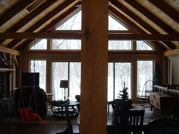 vaulted pine ceiling and red oak posts