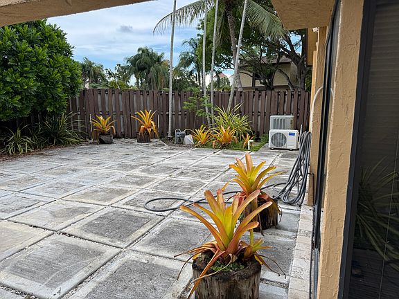 Backyard with landscape lighting.