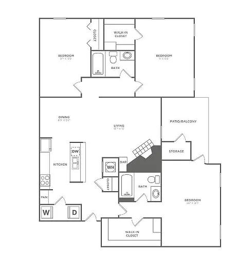 Floor plan Three Bedroom Two Bath (1,495 SF)