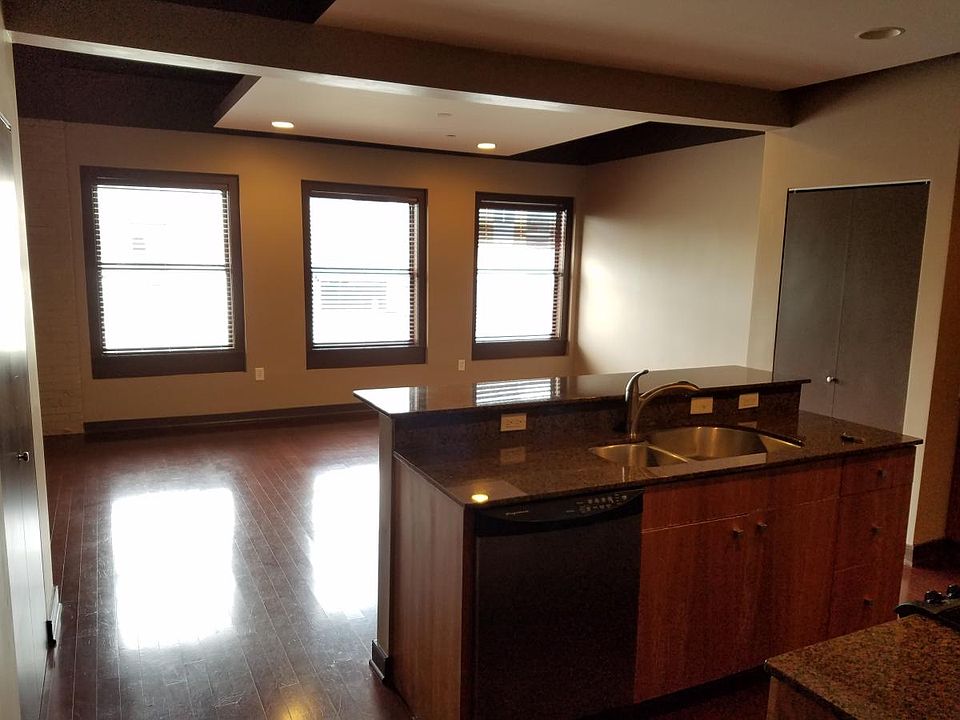 Open floor plan of kitchen and living room.