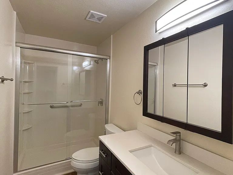 Bathroom with quartzite countertop, satin nickel fixtures and espresso colored cabinets and vinyl plank flooring.