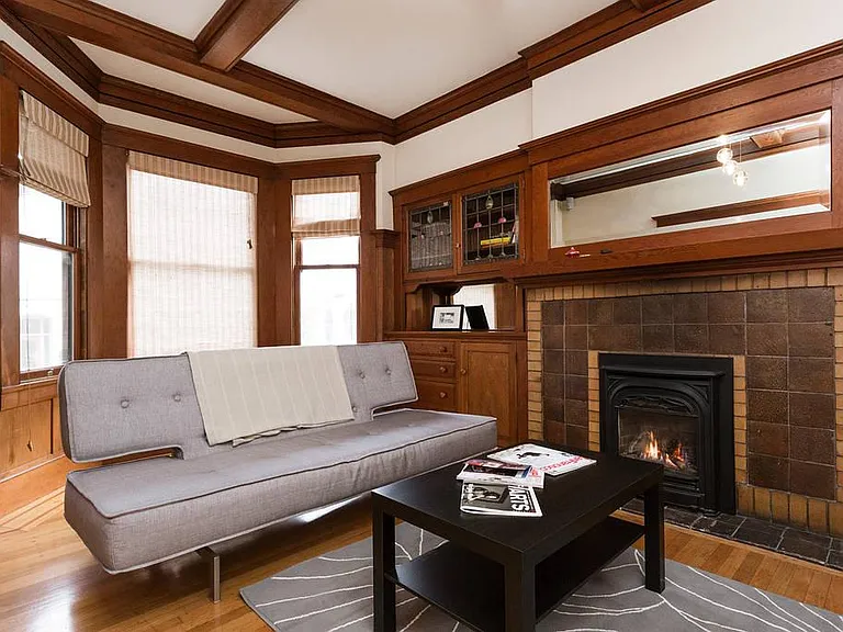 Spacious Living Room with Beautiful Art Deco Built-ins from
