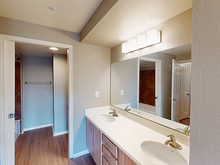 Apartment bathroom with wood-style flooring and double sinks.