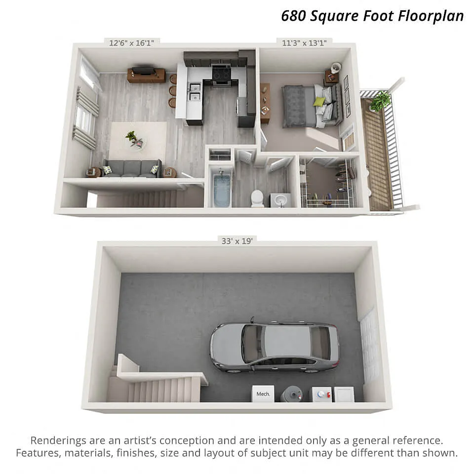 Floor plan 1 Bedroom with Garage - 680sf