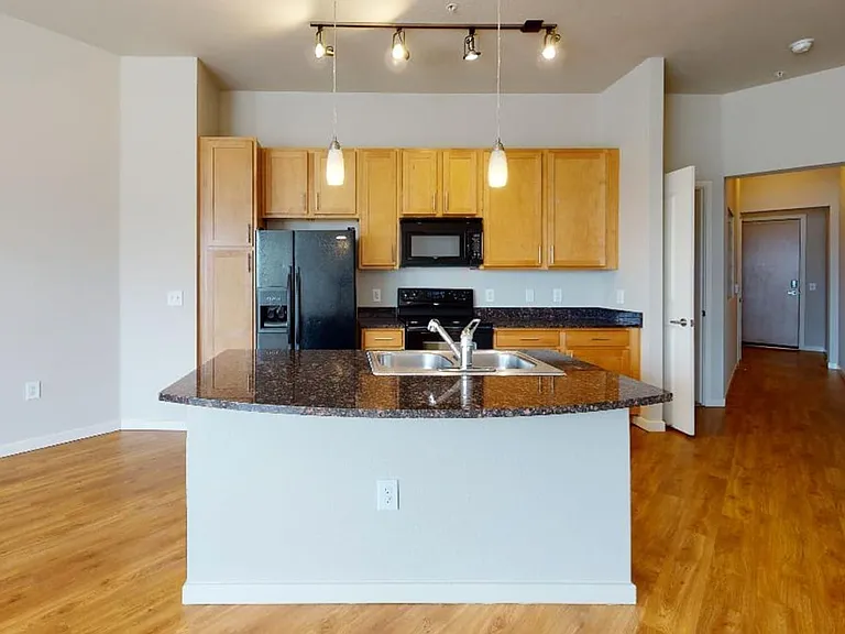 Apartment kitchen with stainless steel appliances, granite countertops and wood-style flooring.