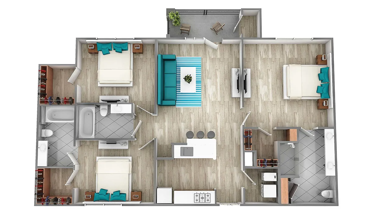 Floor plan Three Bedroom w/ Kitchen Island (1259 SF)