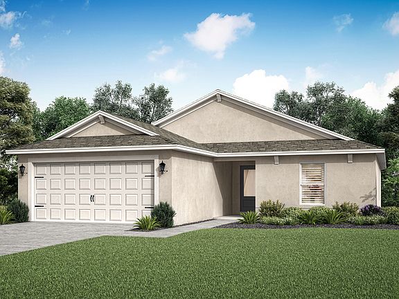 The Bokeelia, a single story home with front yard landscaping.