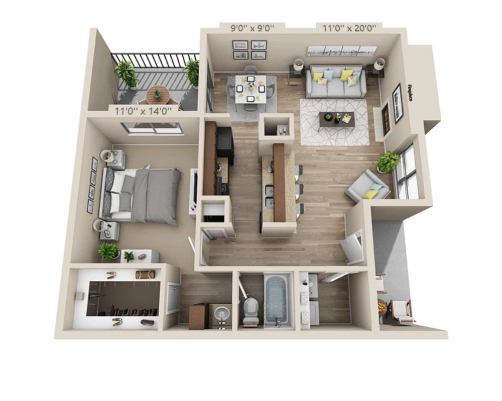 Floor plan One Bedroom A1DRW